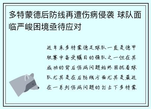 多特蒙德后防线再遭伤病侵袭 球队面临严峻困境亟待应对
