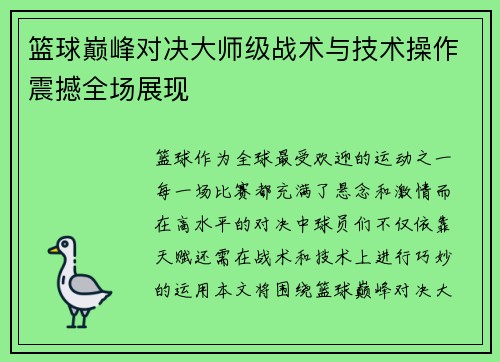篮球巅峰对决大师级战术与技术操作震撼全场展现